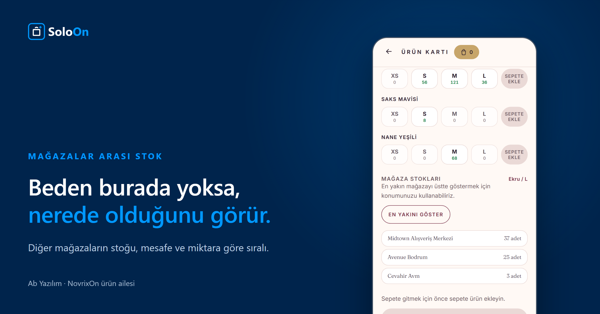 SoloOn — Mağazalar arası stok — Beden burada yoksa, diğer mağazaların stoğunu mesafe ve miktara göre sıralı gösterir.