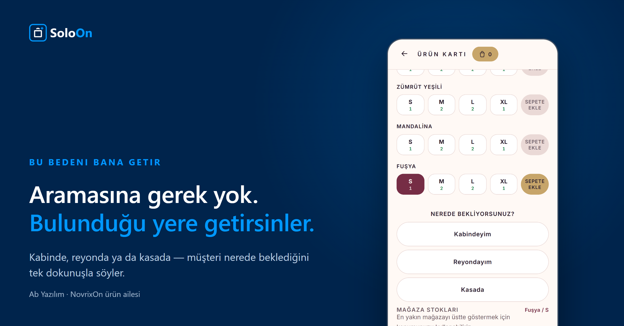 SoloOn — Bu bedeni bana getir — Kabinde, reyonda ya da kasada; müşteri nerede beklediğini tek dokunuşla söyler.